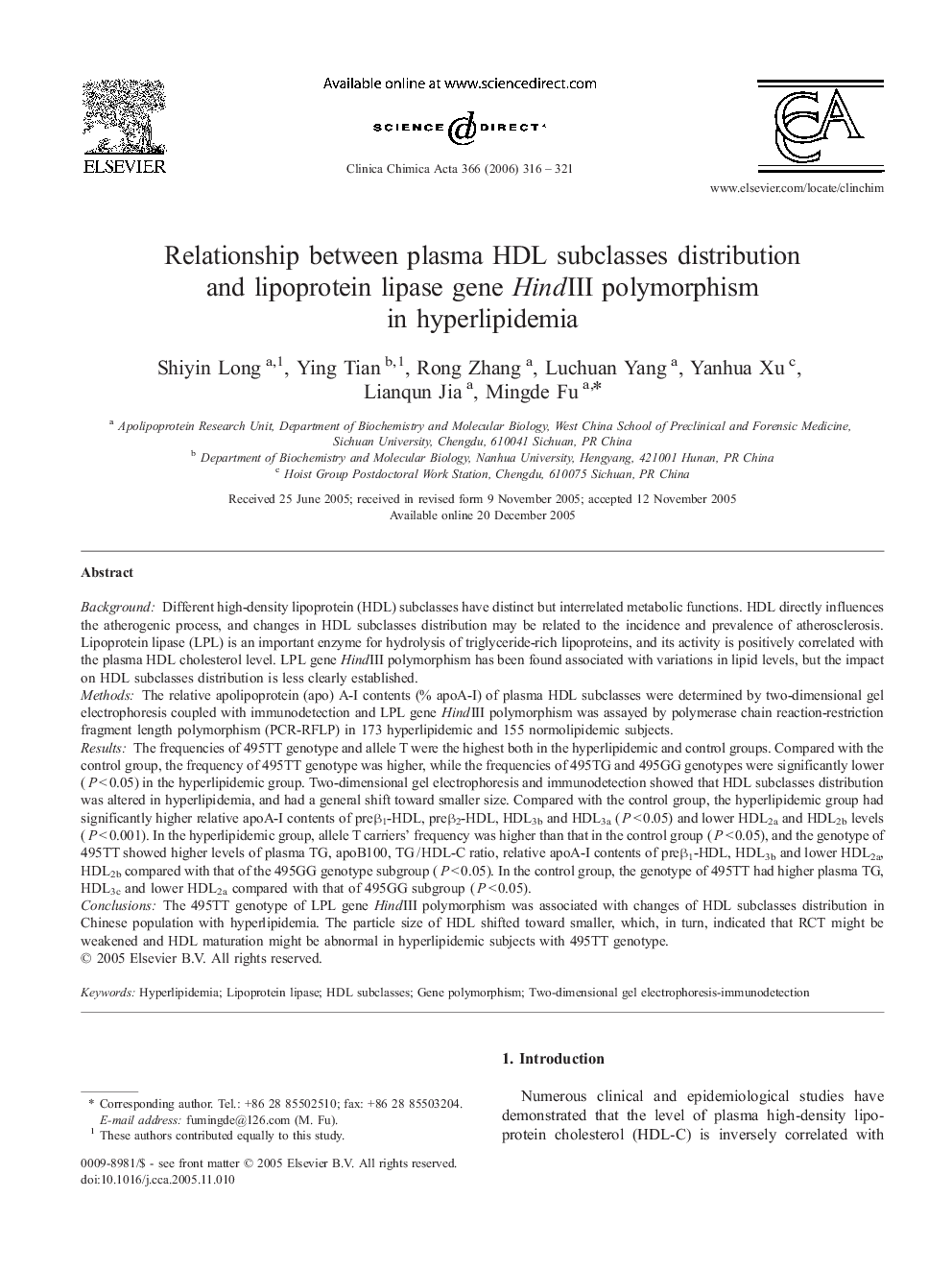 Relationship between plasma HDL subclasses distribution and lipoprotein lipase gene HindIII polymorphism in hyperlipidemia