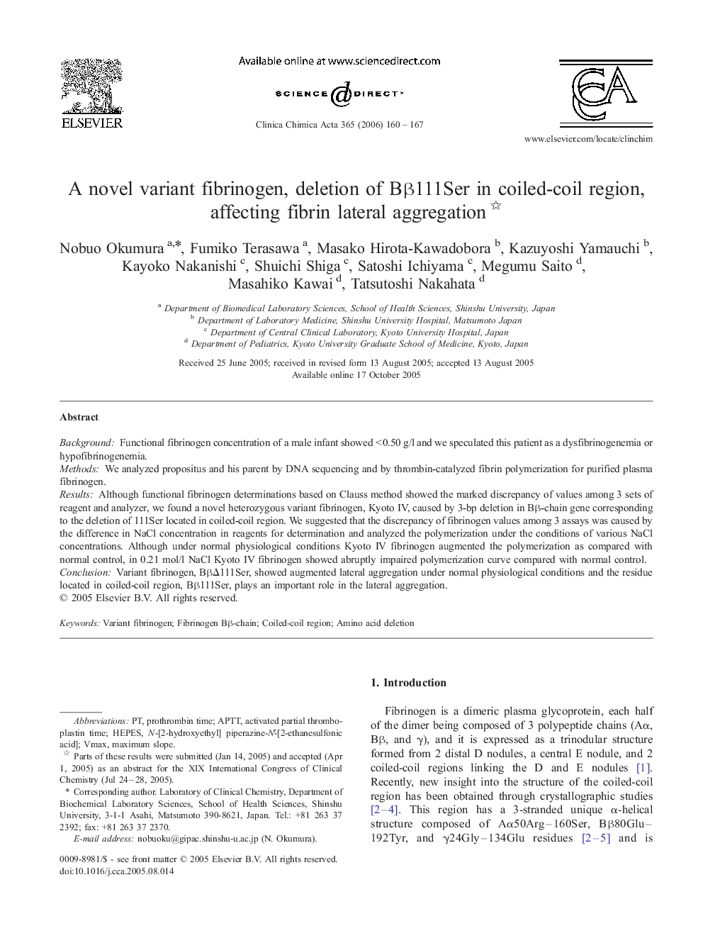 A novel variant fibrinogen, deletion of BÎ²111Ser in coiled-coil region, affecting fibrin lateral aggregation