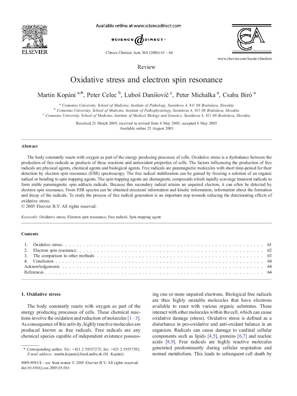 Oxidative stress and electron spin resonance