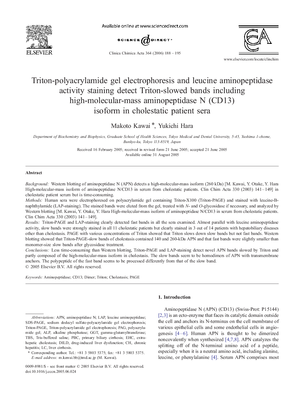 Triton-polyacrylamide gel electrophoresis and leucine aminopeptidase activity staining detect Triton-slowed bands including high-molecular-mass aminopeptidase N (CD13) isoform in cholestatic patient sera