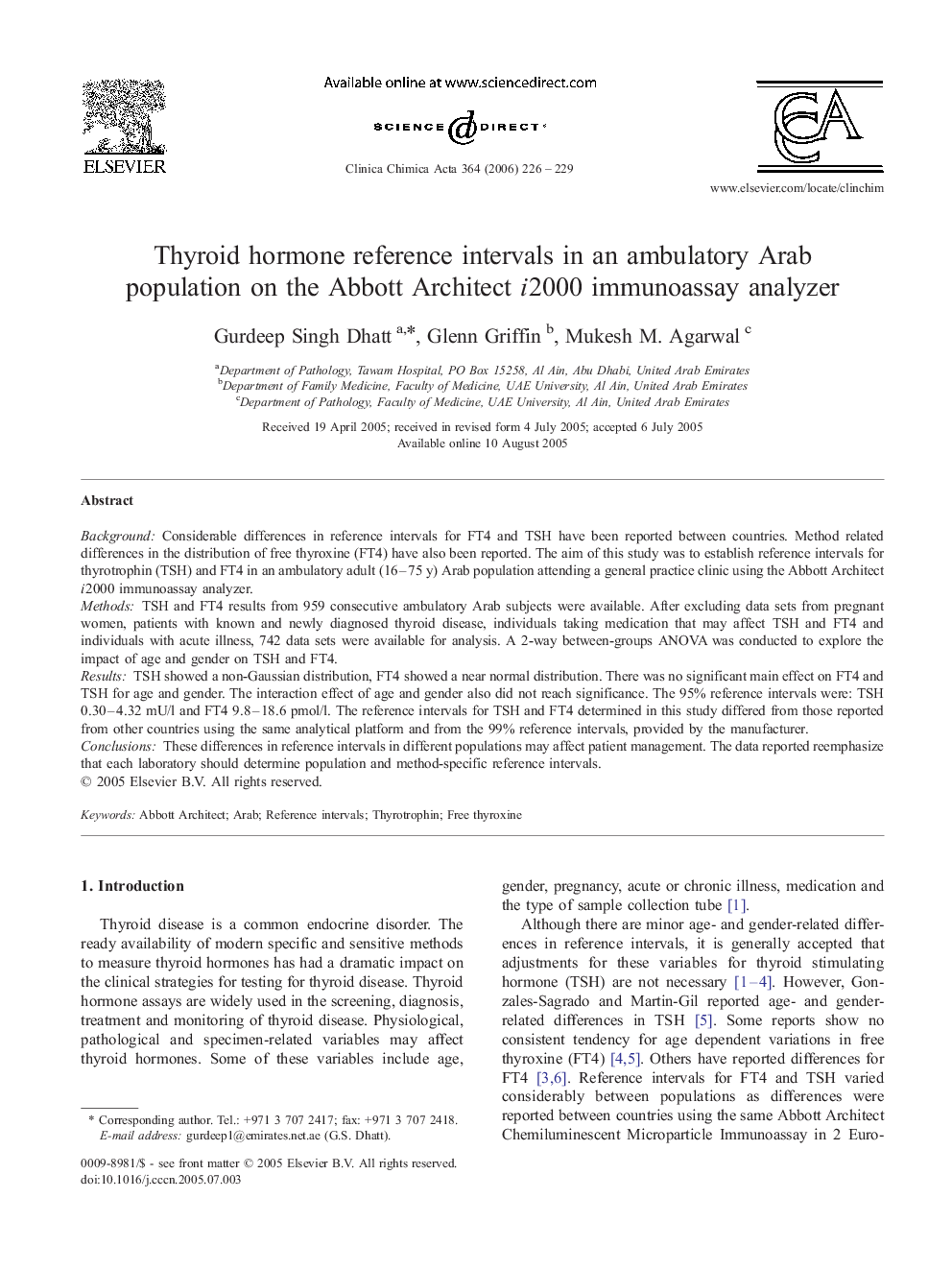 Thyroid hormone reference intervals in an ambulatory Arab population on the Abbott Architect i2000 immunoassay analyzer