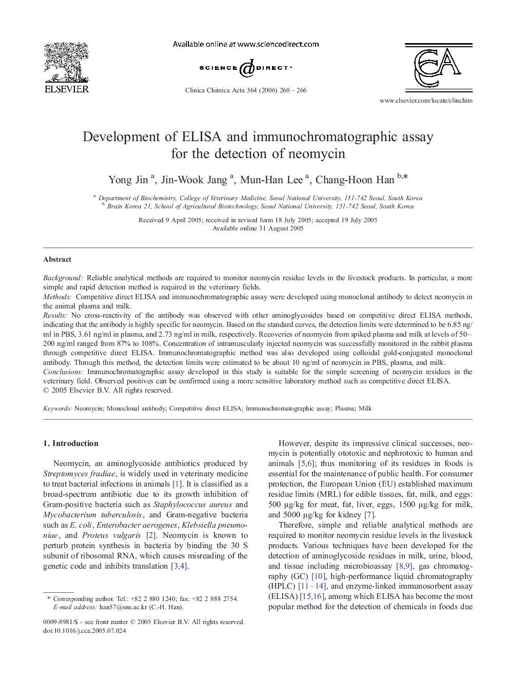 Development of ELISA and immunochromatographic assay for the detection of neomycin