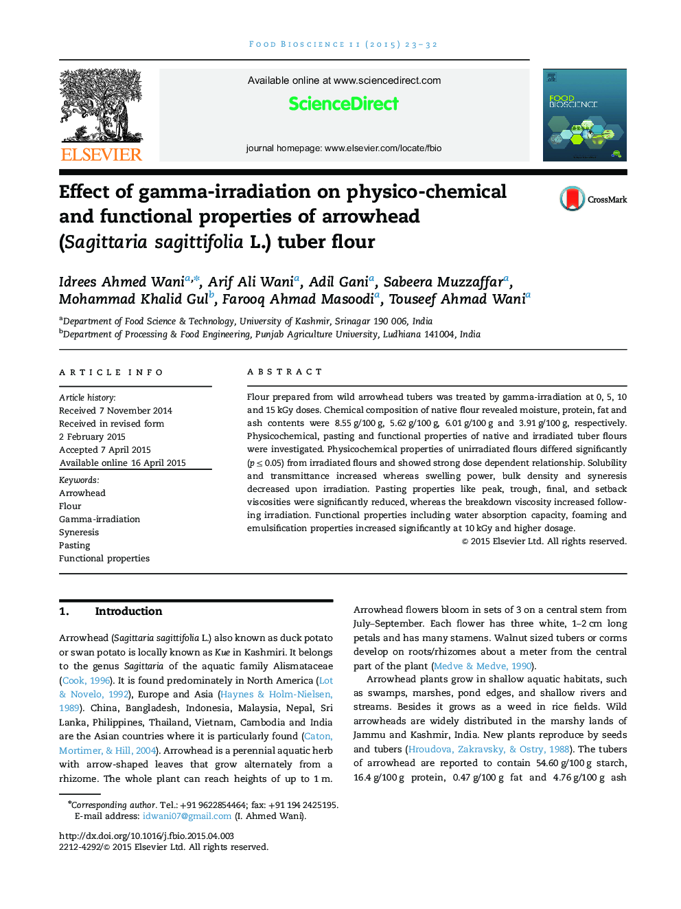 Effect of gamma-irradiation on physico-chemical and functional properties of arrowhead (Sagittaria sagittifolia L.) tuber flour