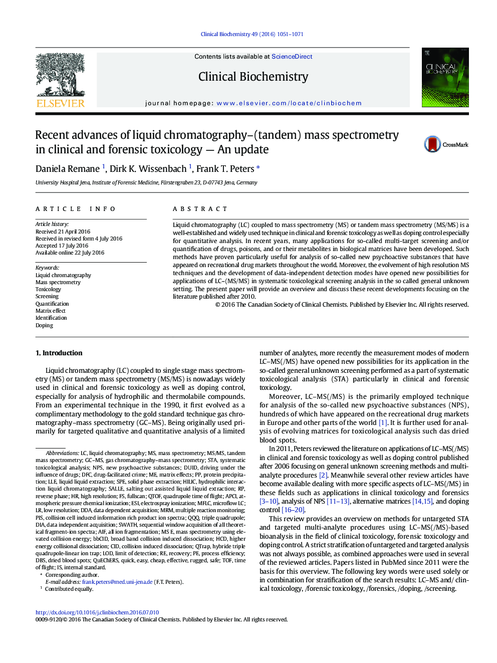 Recent advances of liquid chromatography–(tandem) mass spectrometry in clinical and forensic toxicology — An update