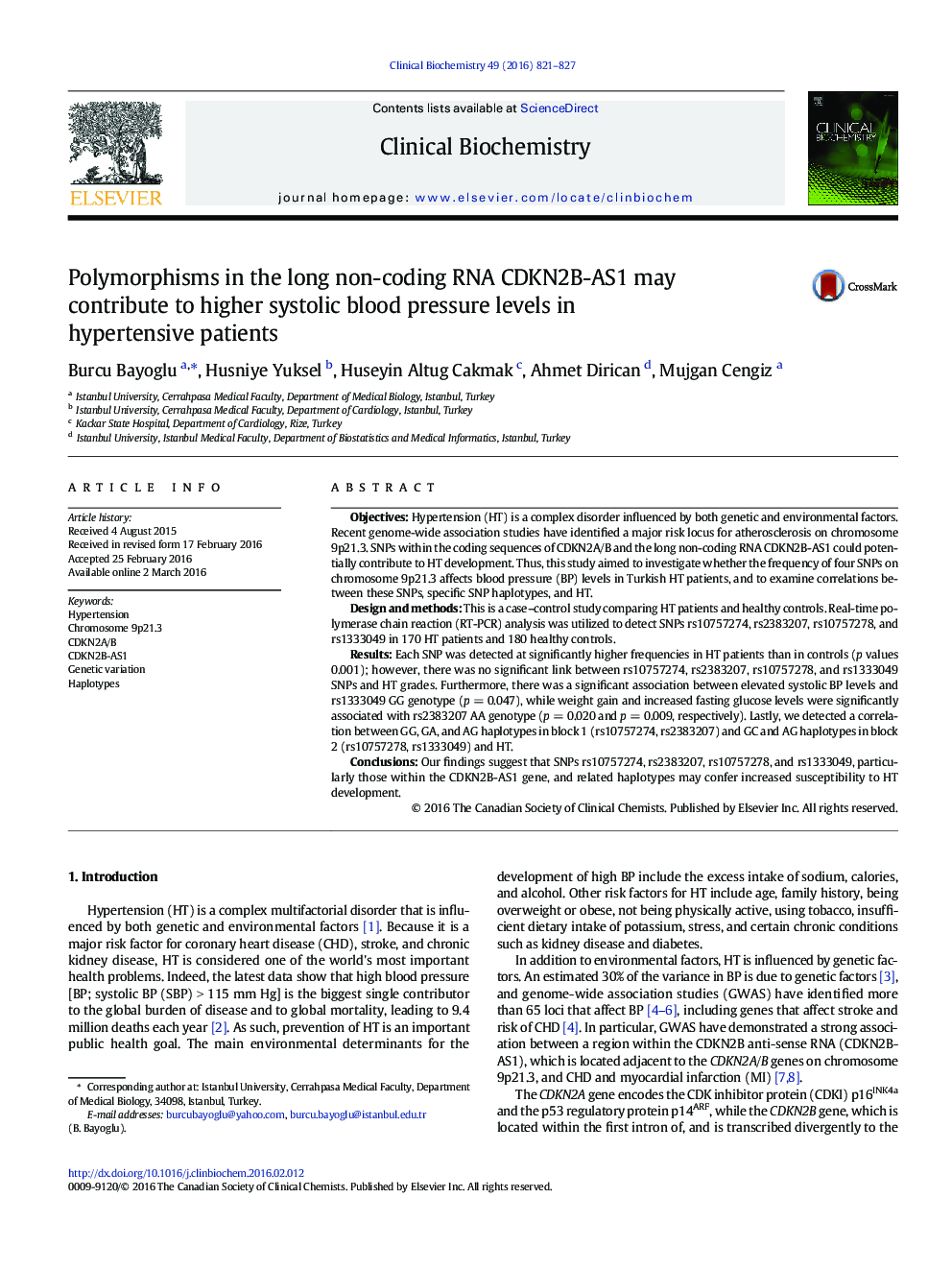 Polymorphisms in the long non-coding RNA CDKN2B-AS1 may contribute to higher systolic blood pressure levels in hypertensive patients