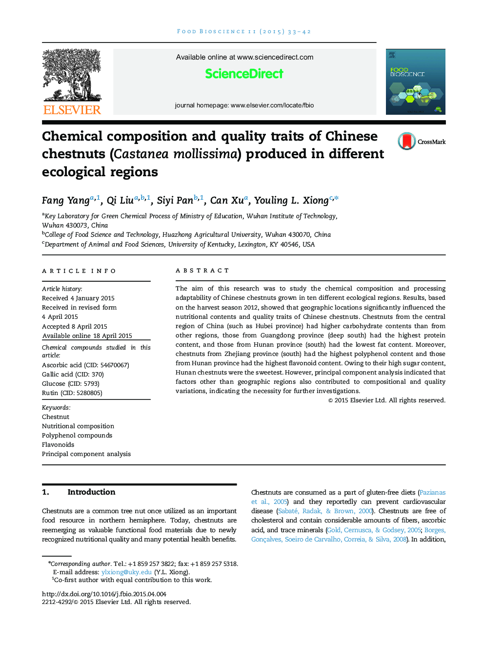 Chemical composition and quality traits of Chinese chestnuts (Castanea mollissima) produced in different ecological regions