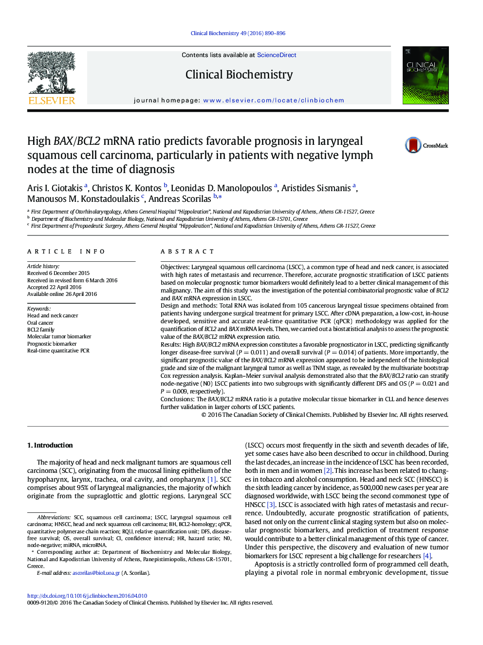 High BAX/BCL2 mRNA ratio predicts favorable prognosis in laryngeal squamous cell carcinoma, particularly in patients with negative lymph nodes at the time of diagnosis