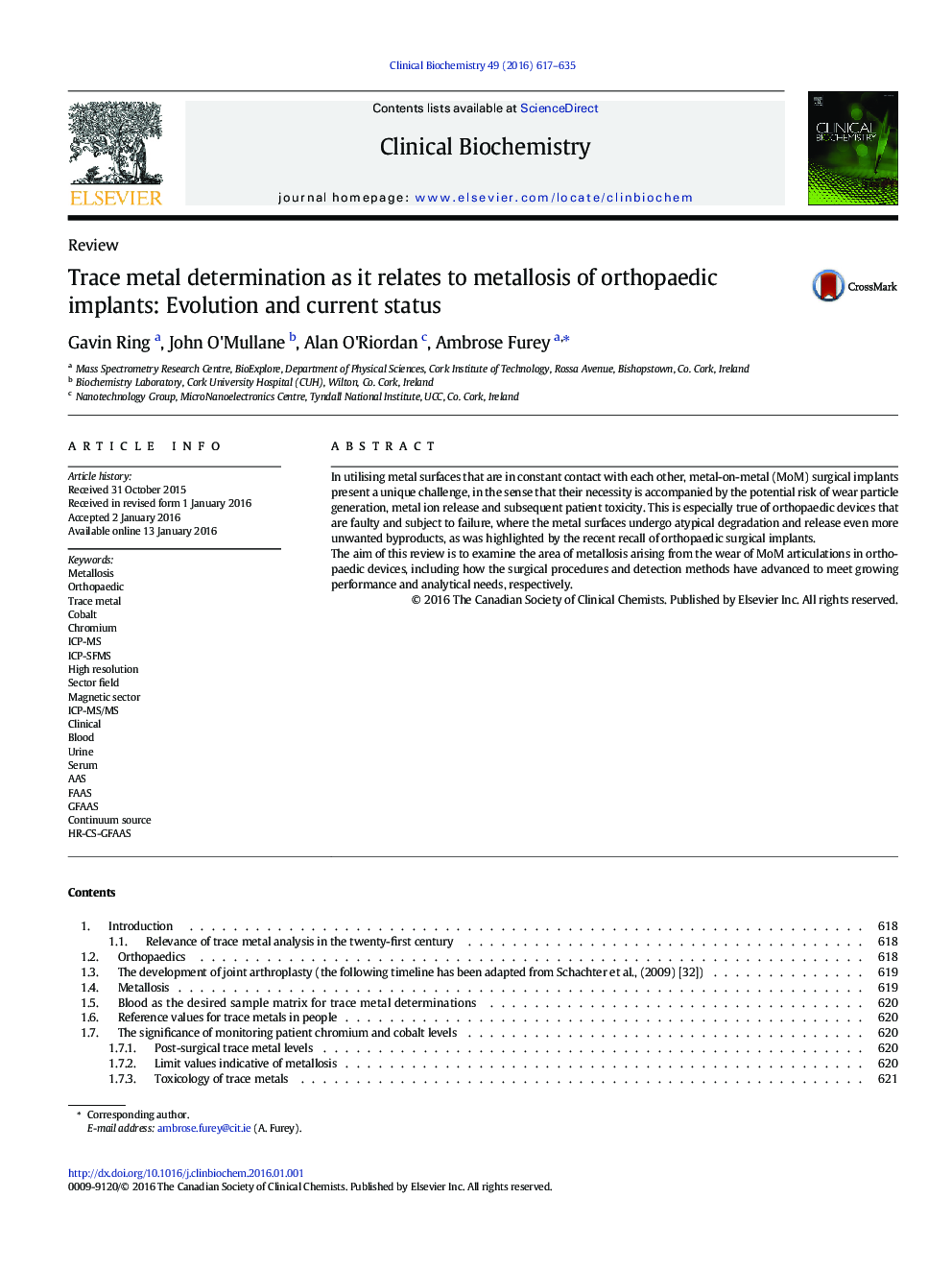 Trace metal determination as it relates to metallosis of orthopaedic implants: Evolution and current status