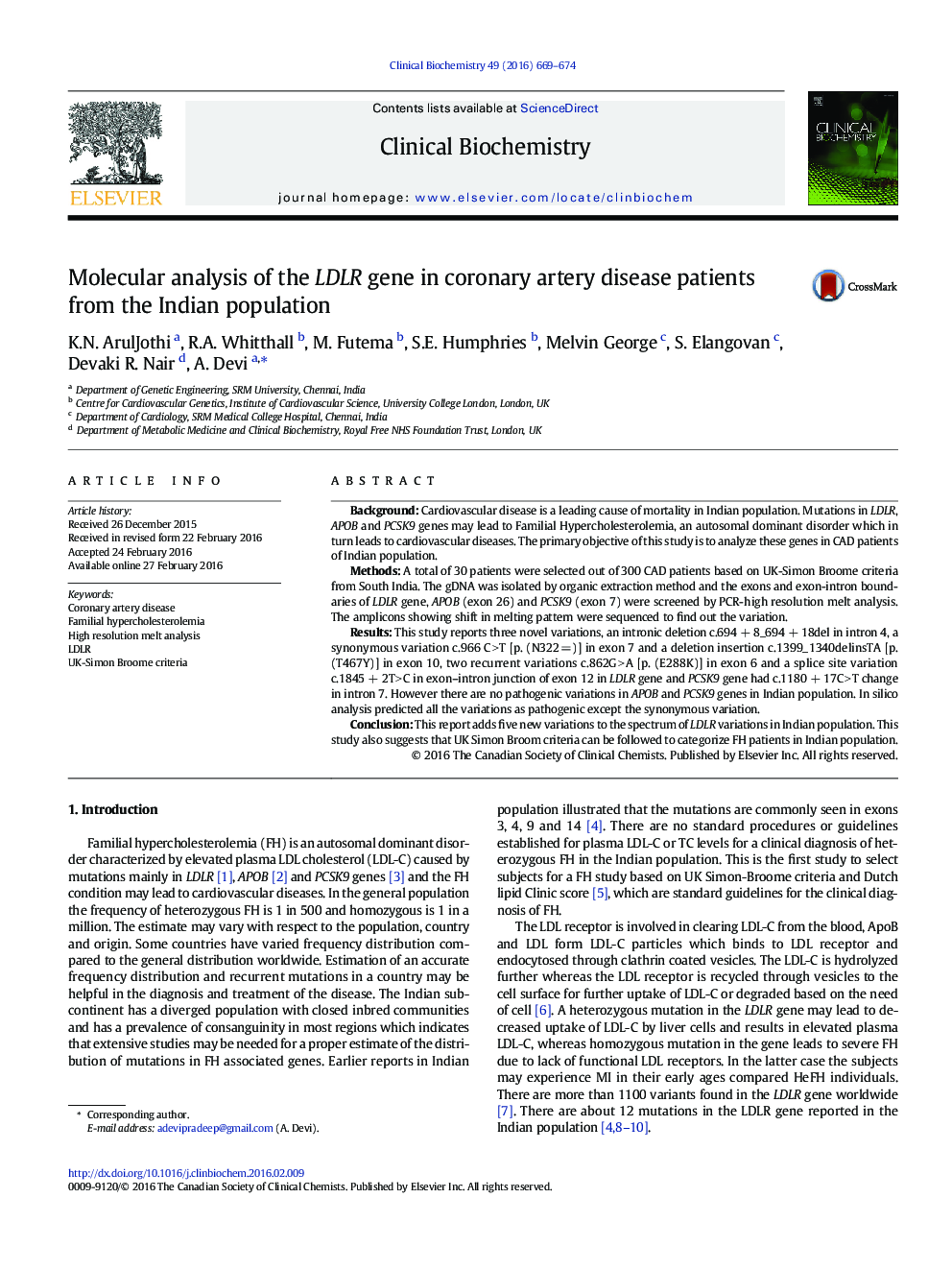 Molecular analysis of the LDLR gene in coronary artery disease patients from the Indian population