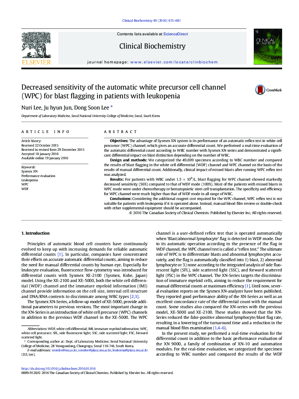 Decreased sensitivity of the automatic white precursor cell channel (WPC) for blast flagging in patients with leukopenia