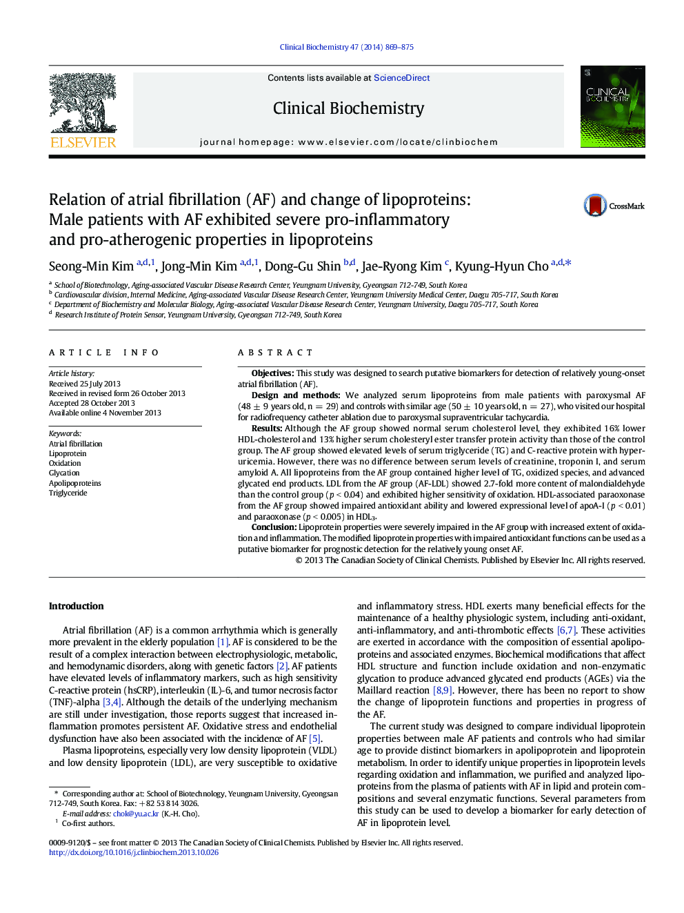Relation of atrial fibrillation (AF) and change of lipoproteins: Male patients with AF exhibited severe pro-inflammatory and pro-atherogenic properties in lipoproteins