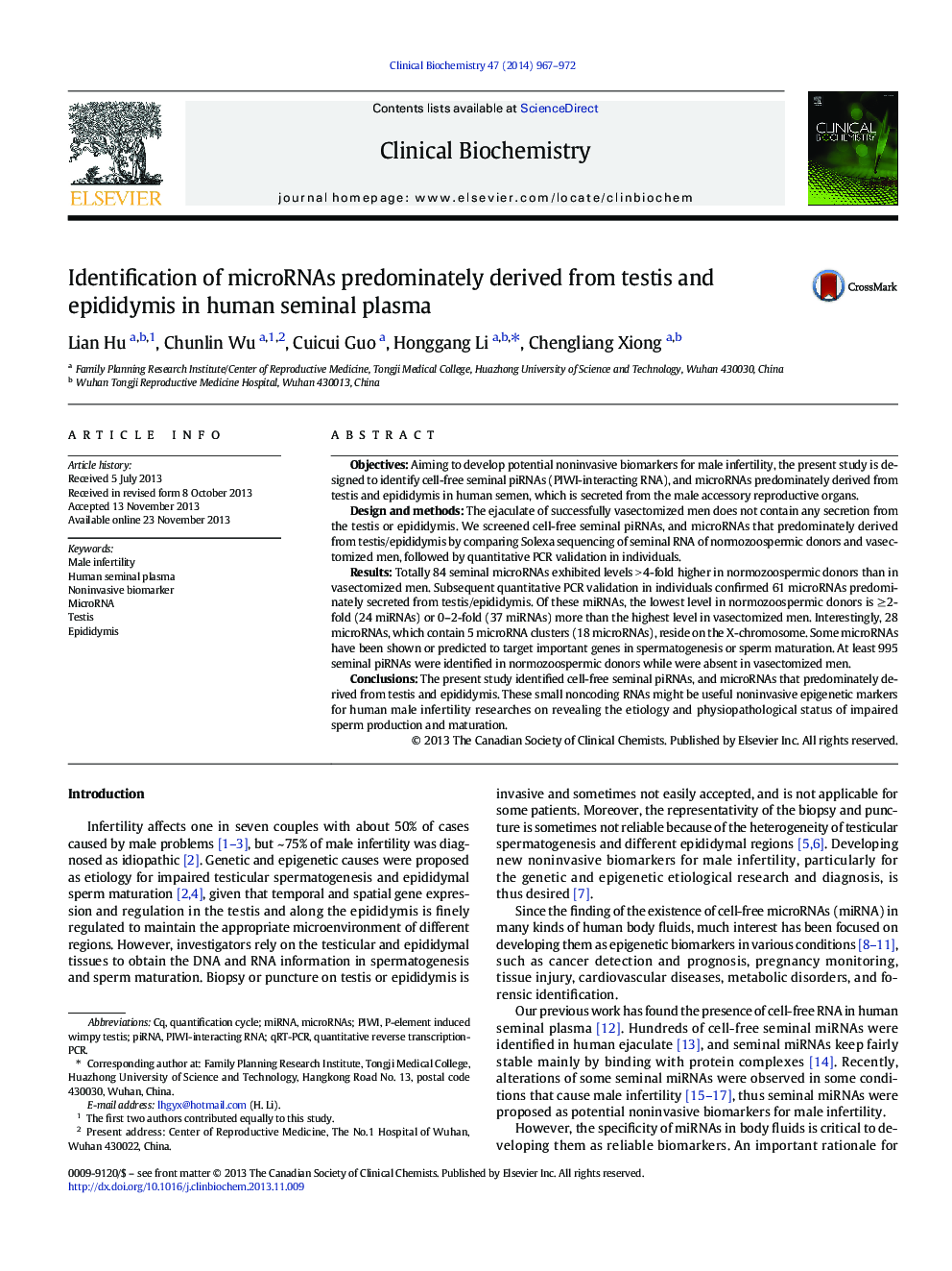 Identification of microRNAs predominately derived from testis and epididymis in human seminal plasma