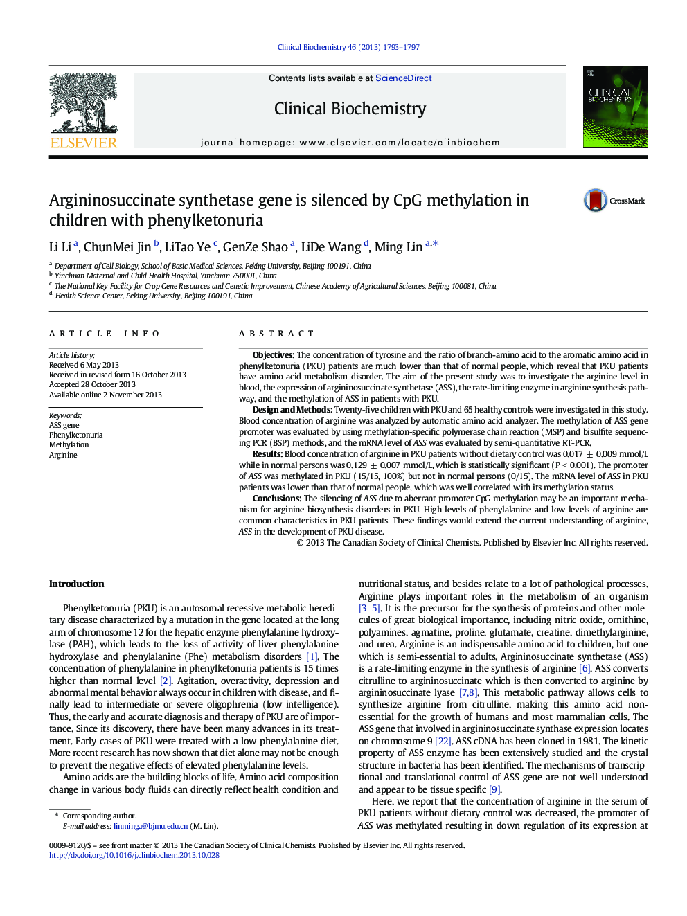 Argininosuccinate synthetase gene is silenced by CpG methylation in children with phenylketonuria