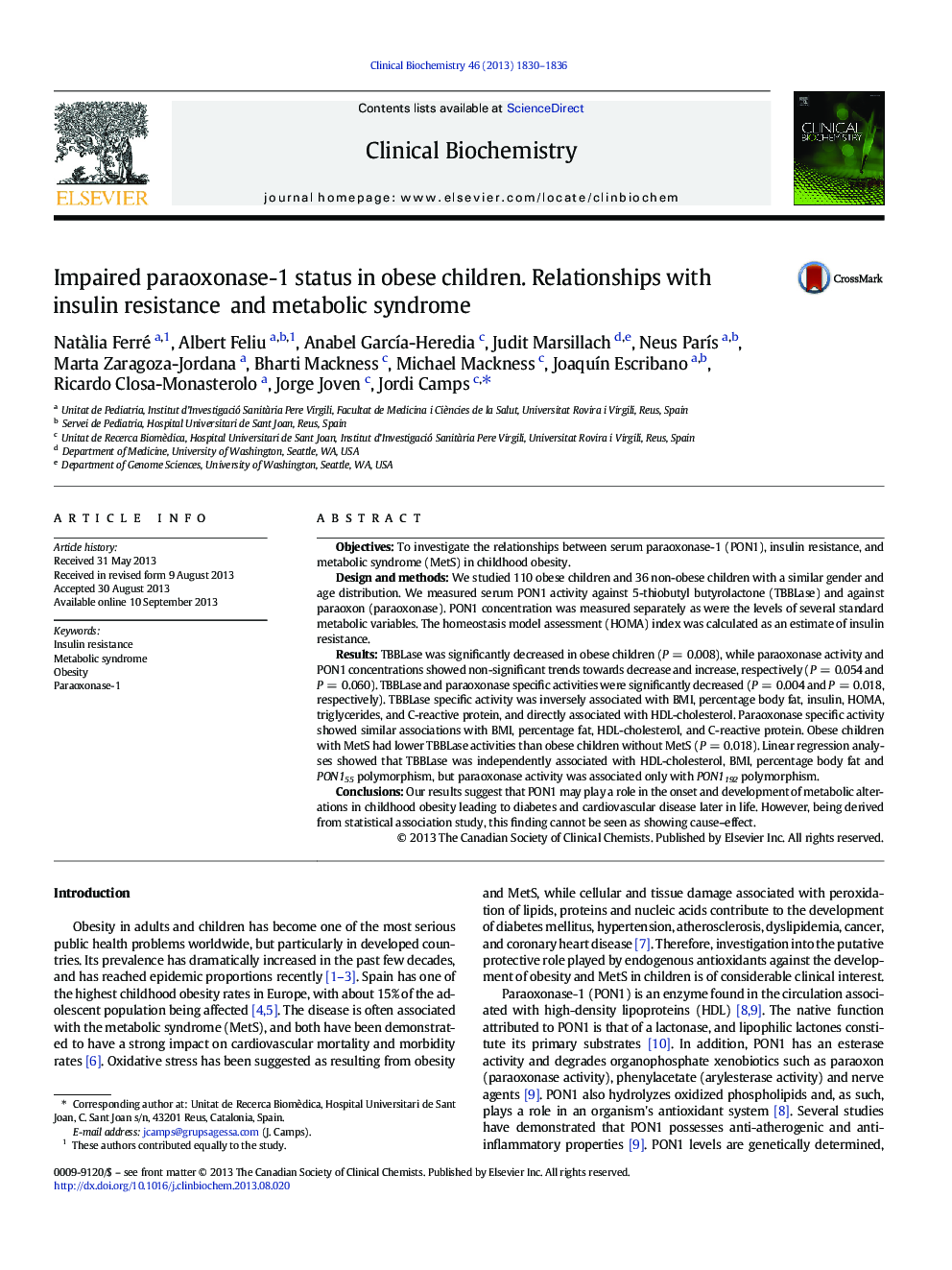 Impaired paraoxonase-1 status in obese children. Relationships with insulin resistance and metabolic syndrome