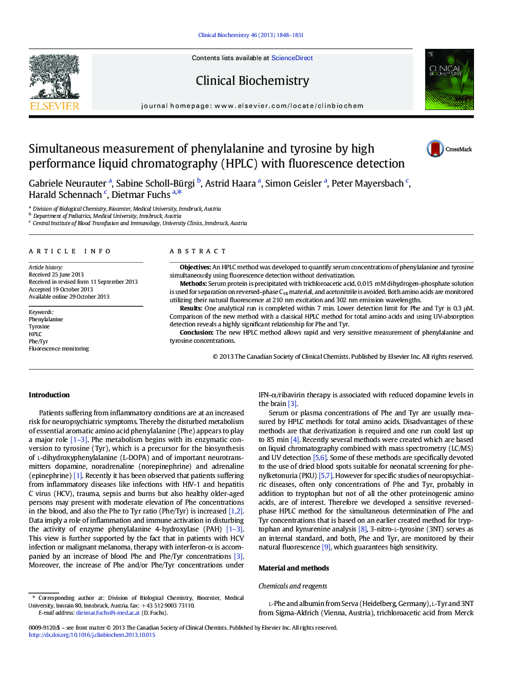 Simultaneous measurement of phenylalanine and tyrosine by high performance liquid chromatography (HPLC) with fluorescence detection