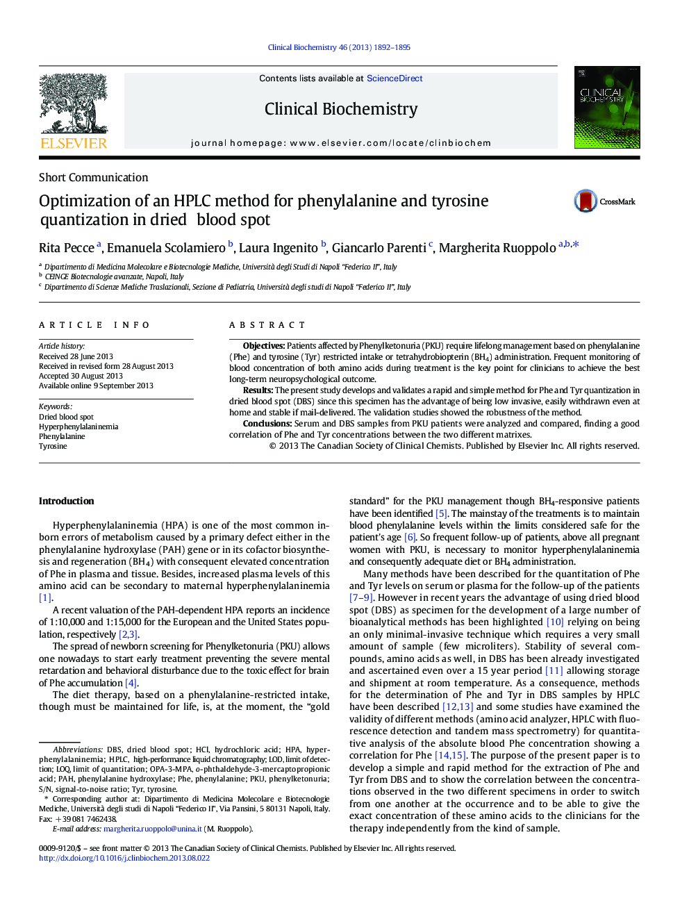 Optimization of an HPLC method for phenylalanine and tyrosine quantization in dried blood spot