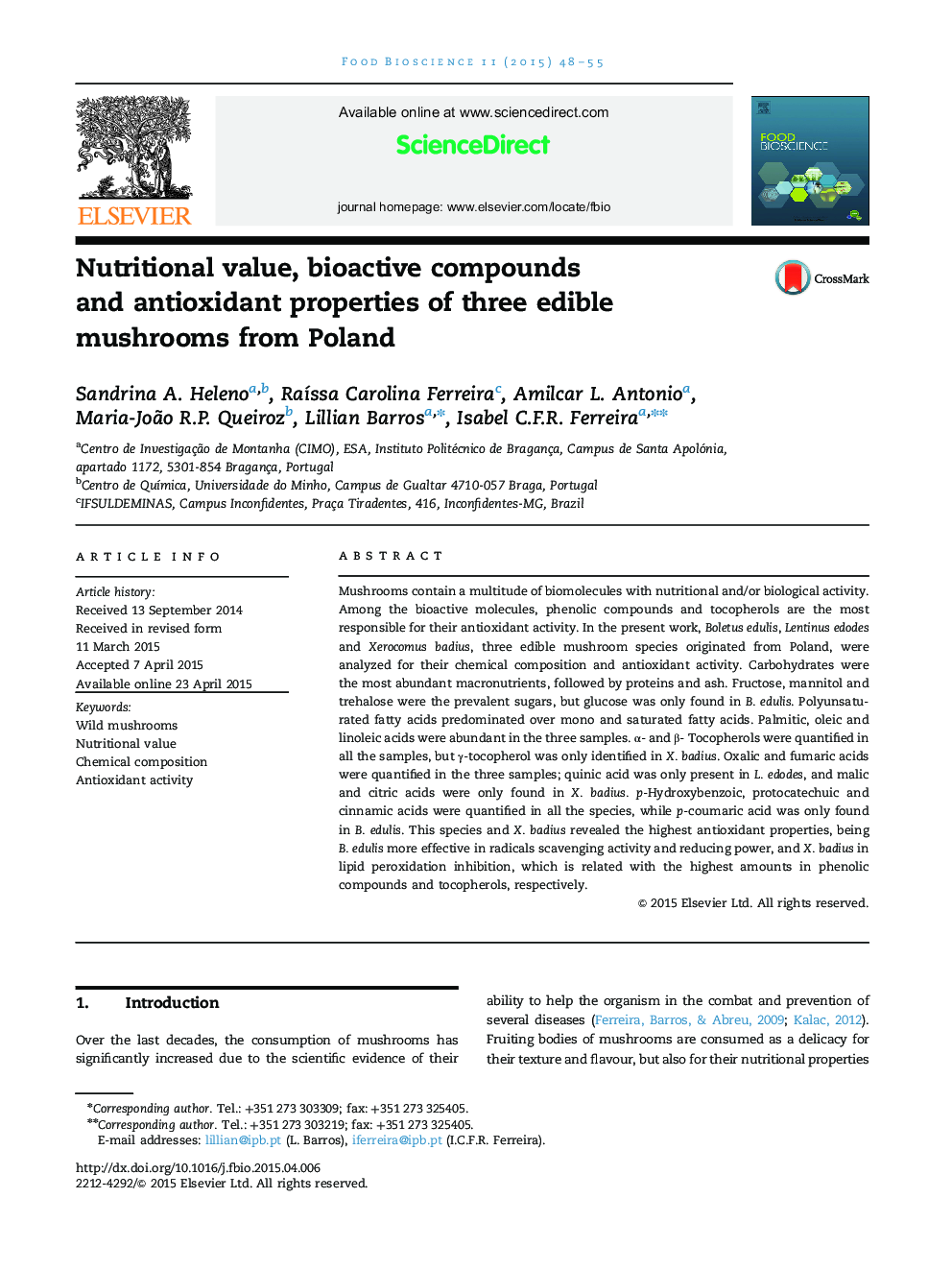 Nutritional value, bioactive compounds and antioxidant properties of three edible mushrooms from Poland