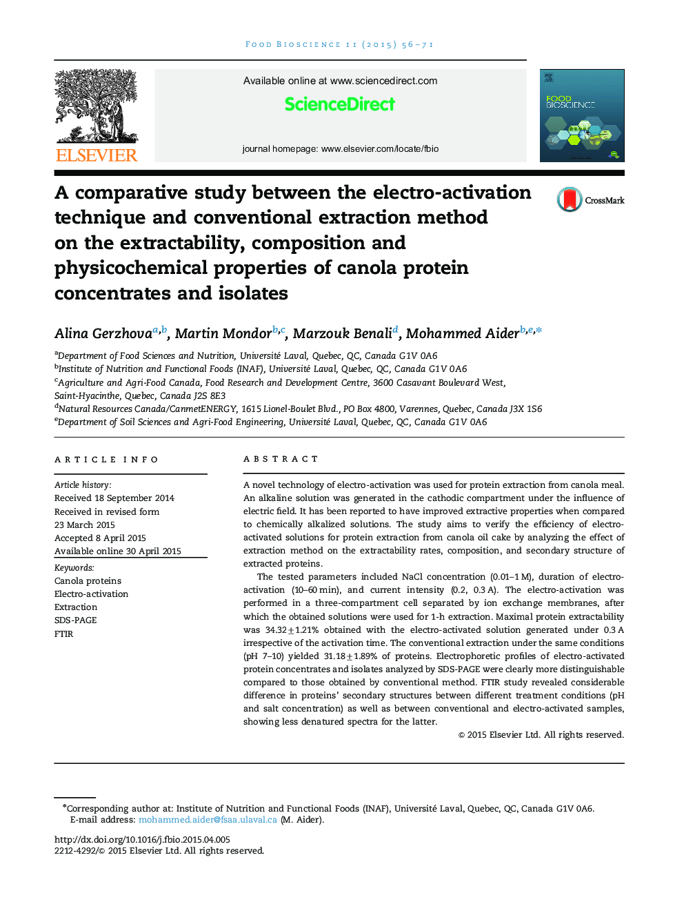 A comparative study between the electro-activation technique and conventional extraction method on the extractability, composition and physicochemical properties of canola protein concentrates and isolates