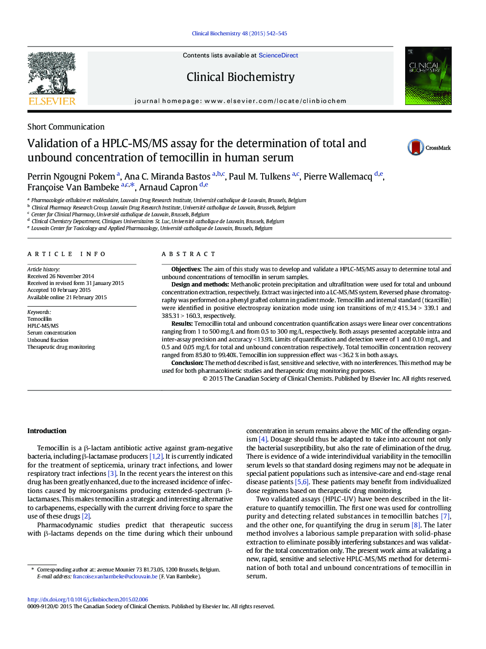 Validation of a HPLC-MS/MS assay for the determination of total and unbound concentration of temocillin in human serum