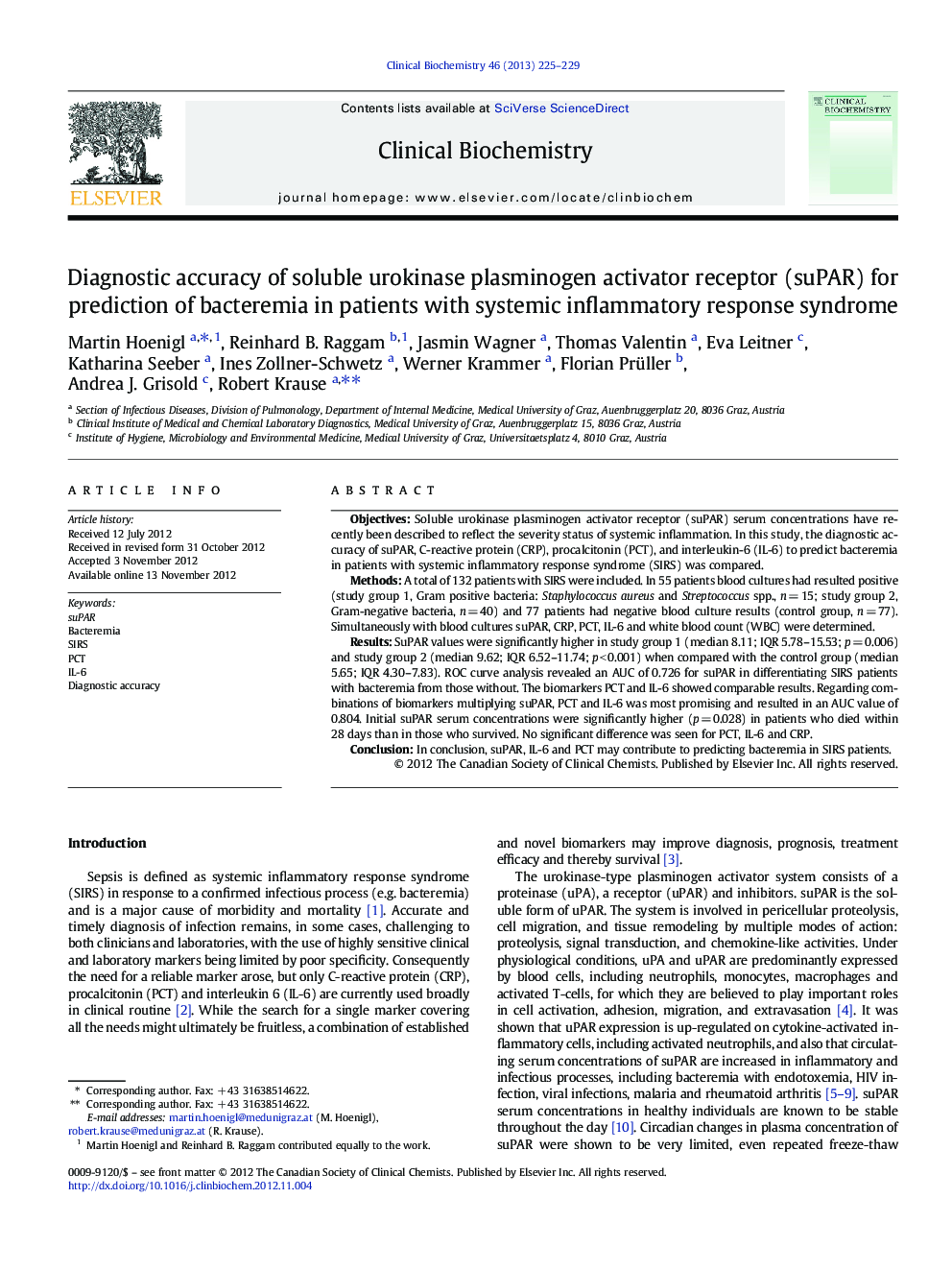 Diagnostic accuracy of soluble urokinase plasminogen activator receptor (suPAR) for prediction of bacteremia in patients with systemic inflammatory response syndrome