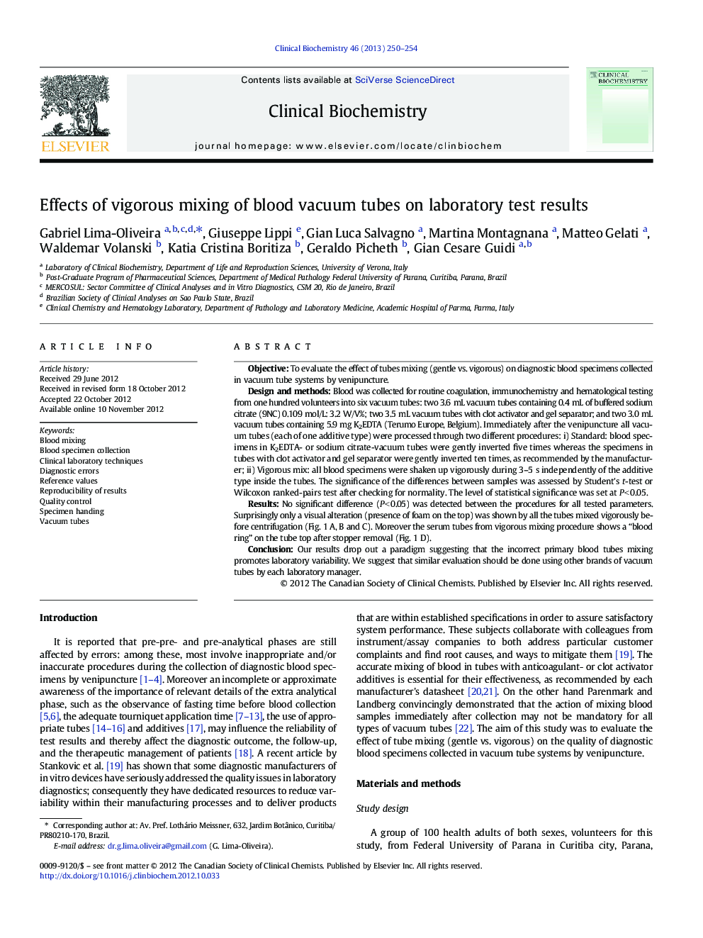 Effects of vigorous mixing of blood vacuum tubes on laboratory test results