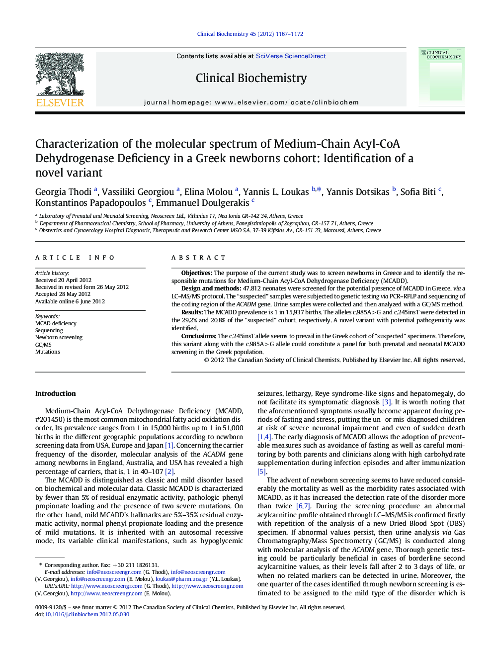 Characterization of the molecular spectrum of Medium-Chain Acyl-CoA Dehydrogenase Deficiency in a Greek newborns cohort: Identification of a novel variant