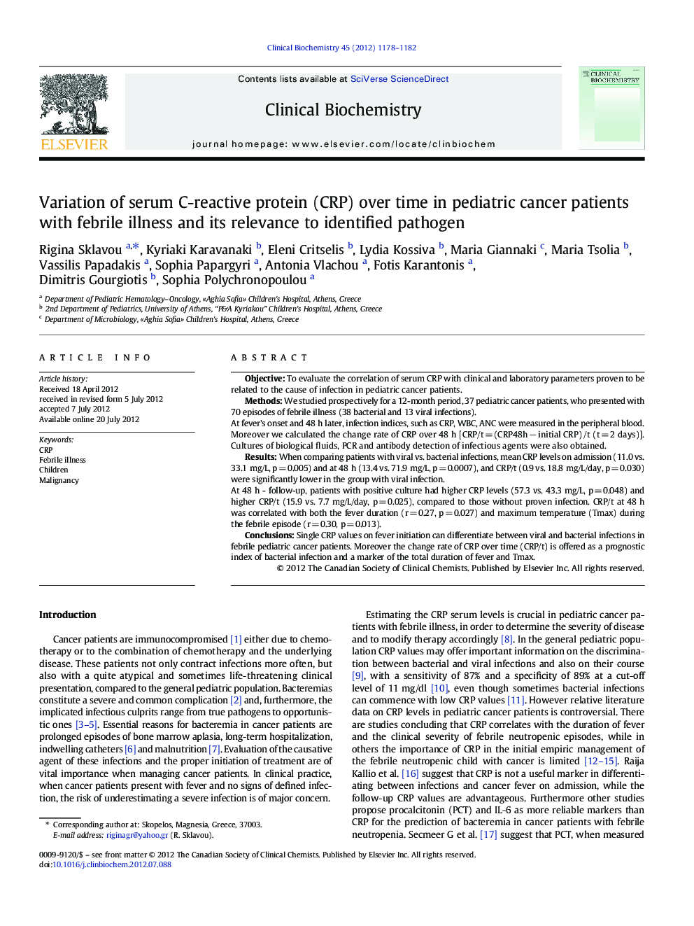 Variation of serum C-reactive protein (CRP) over time in pediatric cancer patients with febrile illness and its relevance to identified pathogen