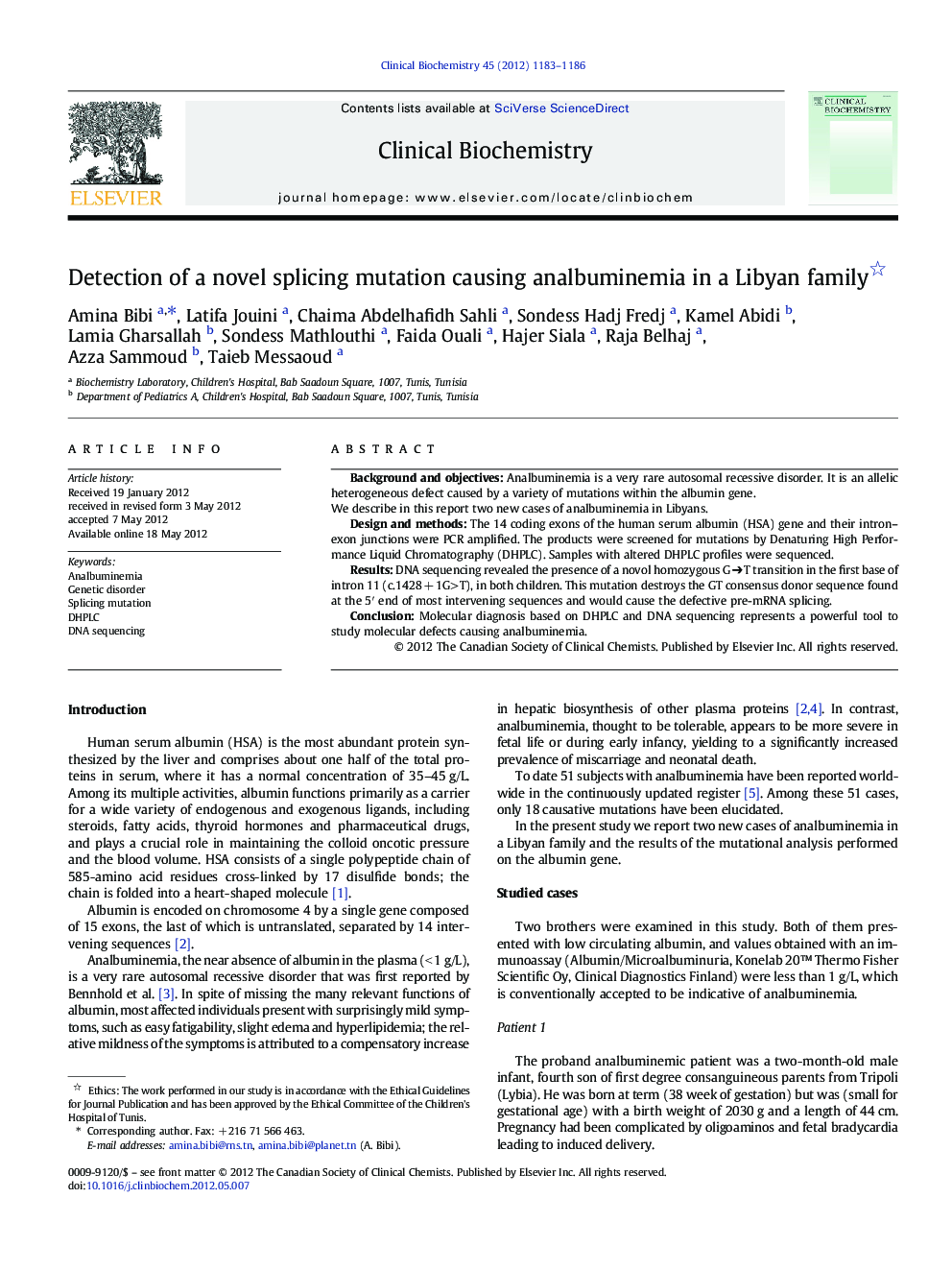 Detection of a novel splicing mutation causing analbuminemia in a Libyan family 