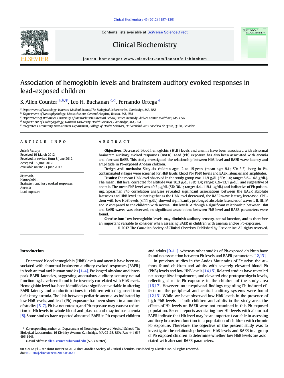 Association of hemoglobin levels and brainstem auditory evoked responses in lead-exposed children