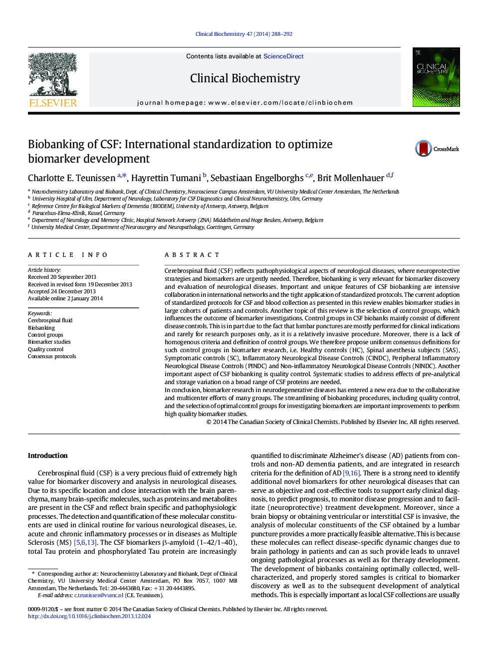 Biobanking of CSF: International standardization to optimize biomarker development