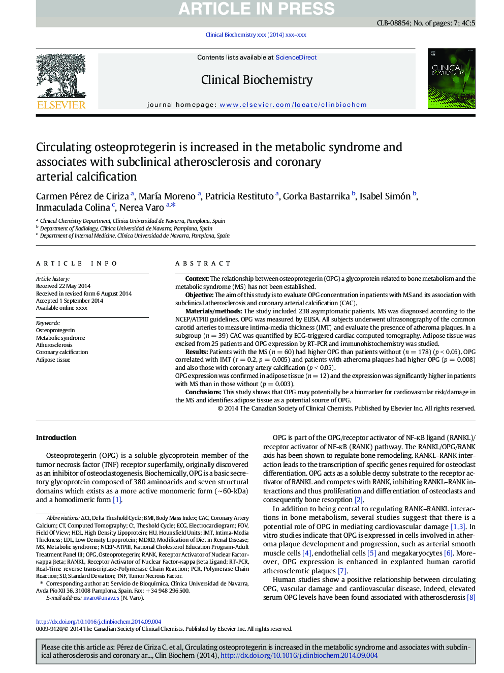 Circulating osteoprotegerin is increased in the metabolic syndrome and associates with subclinical atherosclerosis and coronary arterial calcification