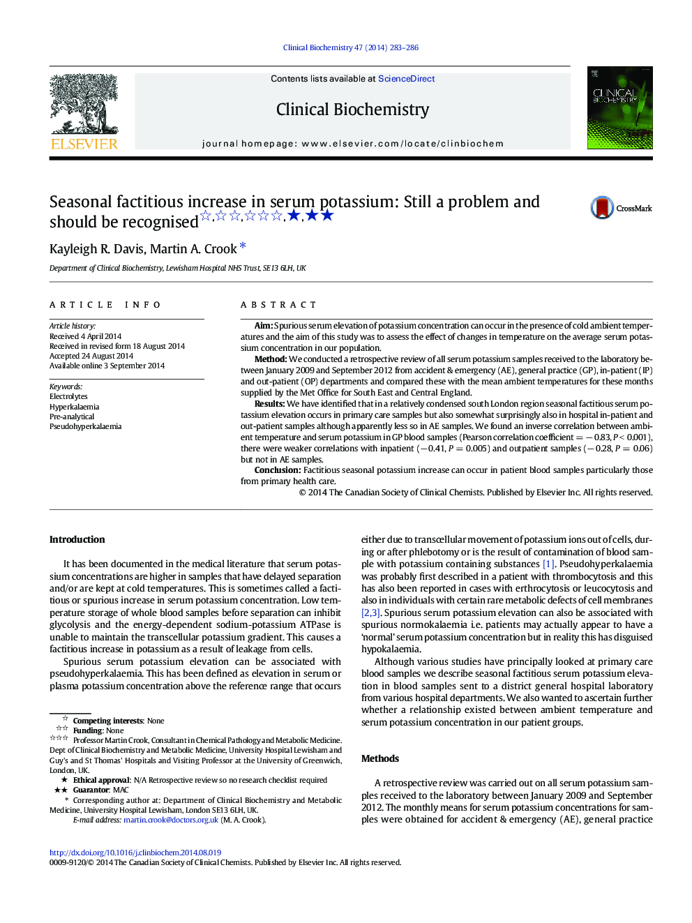 Seasonal factitious increase in serum potassium: Still a problem and should be recognised ★★★