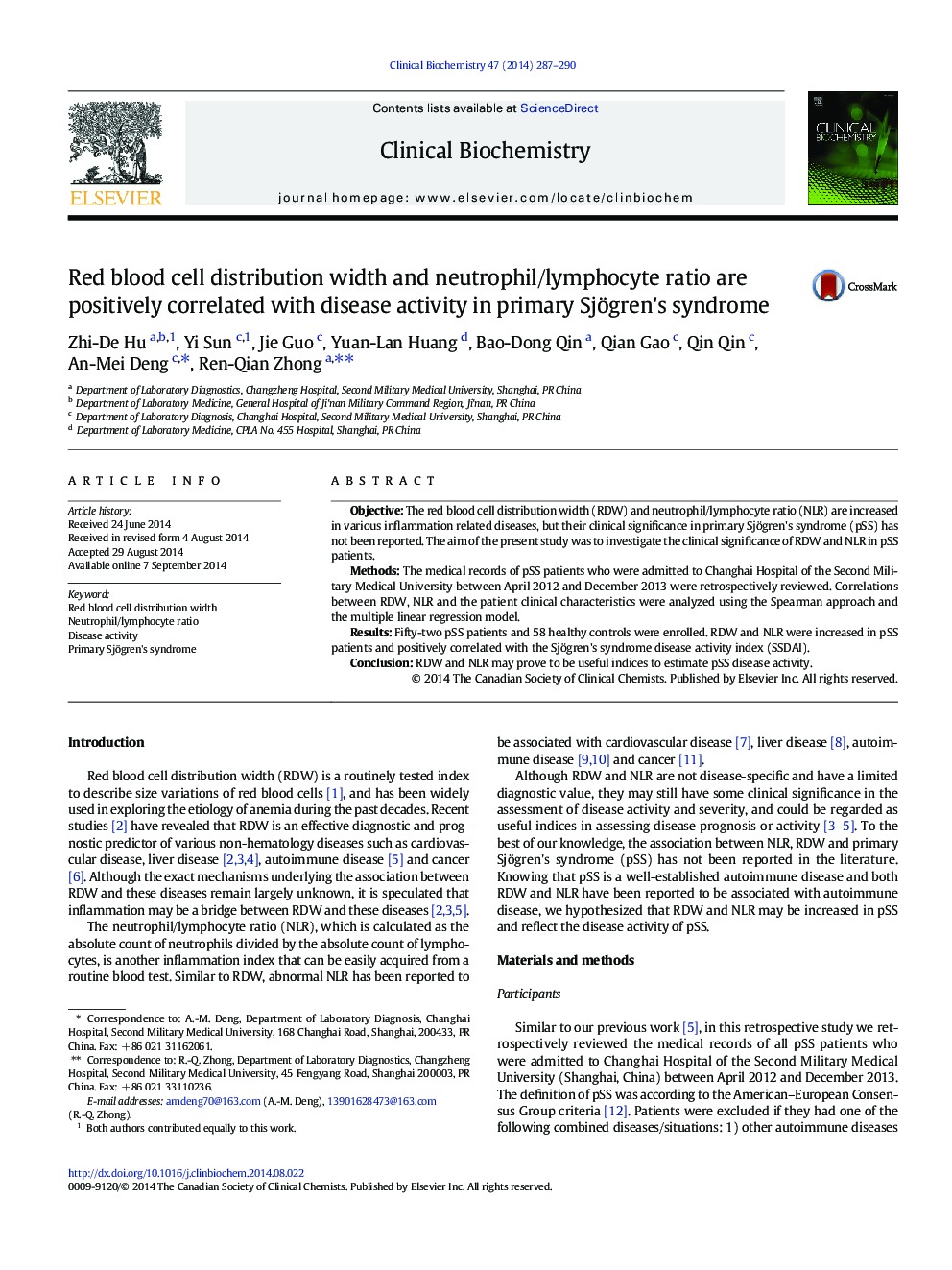 Red blood cell distribution width and neutrophil/lymphocyte ratio are positively correlated with disease activity in primary Sjögren's syndrome