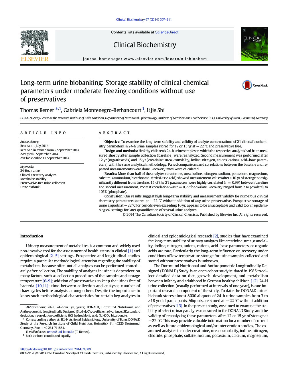 Long-term urine biobanking: Storage stability of clinical chemical parameters under moderate freezing conditions without use of preservatives