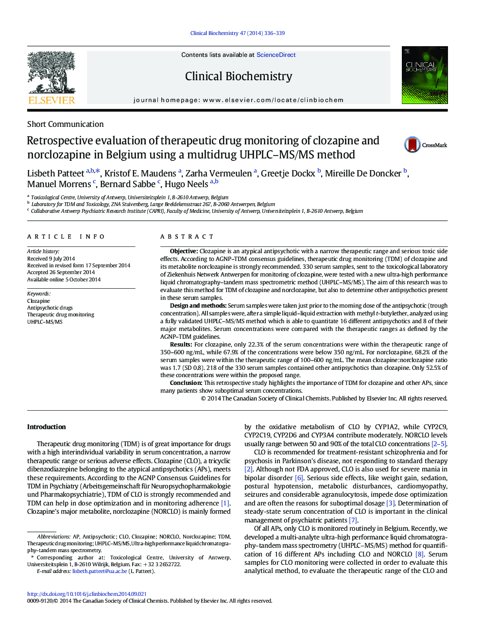 Retrospective evaluation of therapeutic drug monitoring of clozapine and norclozapine in Belgium using a multidrug UHPLC–MS/MS method