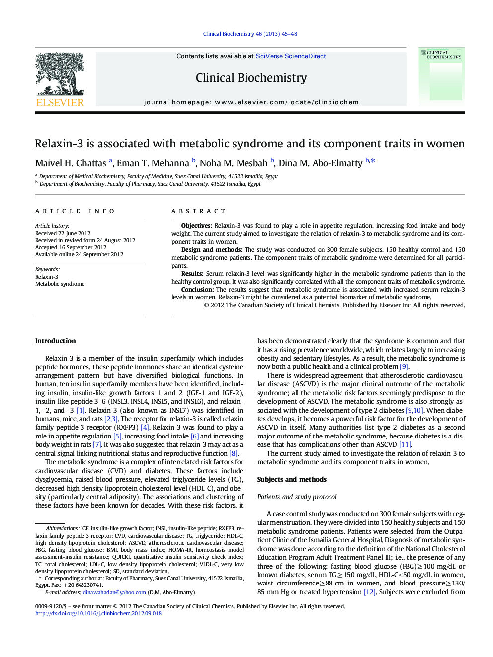 Relaxin-3 is associated with metabolic syndrome and its component traits in women