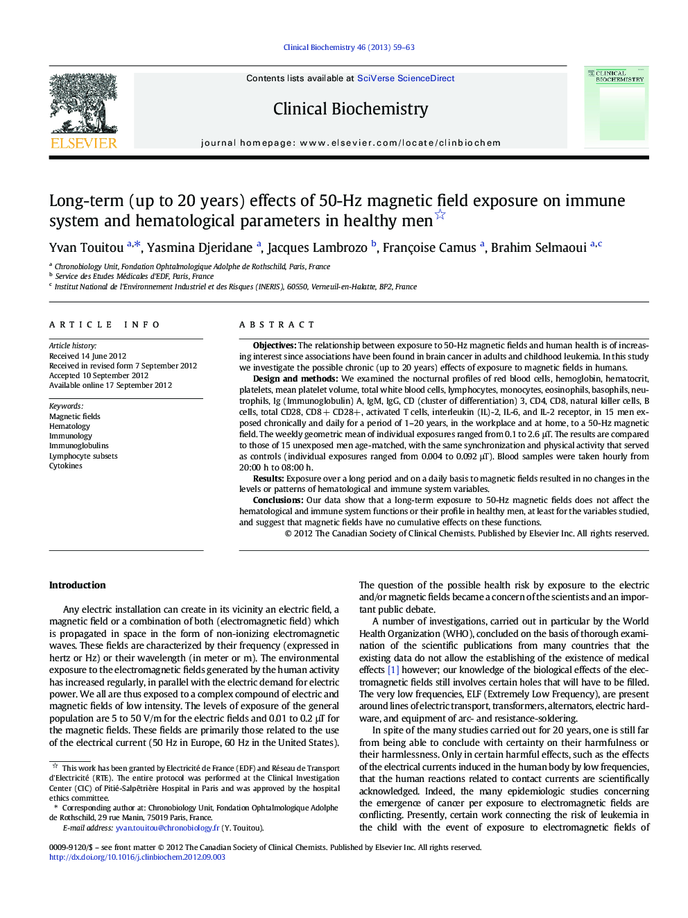 Long-term (up to 20 years) effects of 50-Hz magnetic field exposure on immune system and hematological parameters in healthy men 