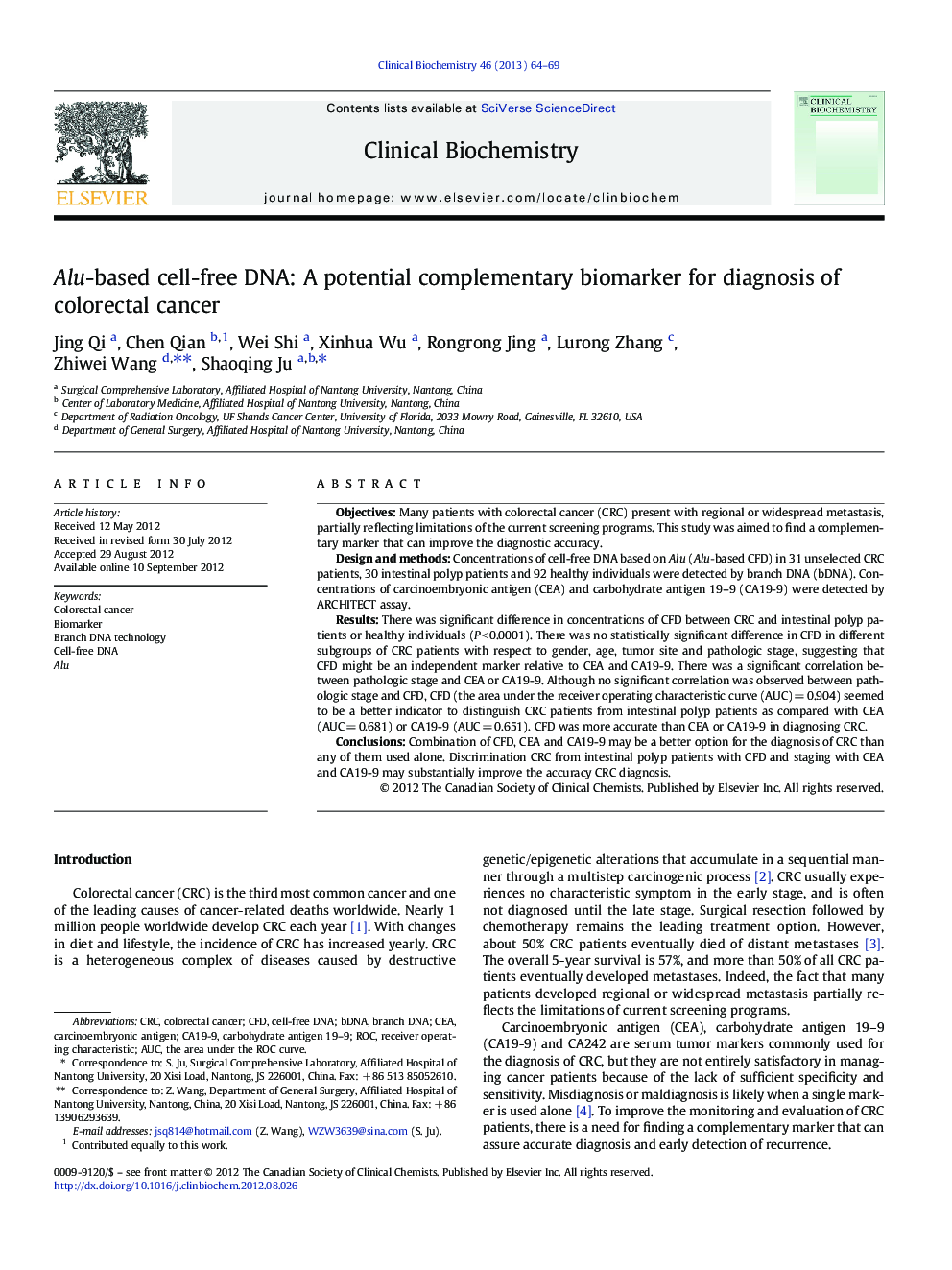 Alu-based cell-free DNA: A potential complementary biomarker for diagnosis of colorectal cancer