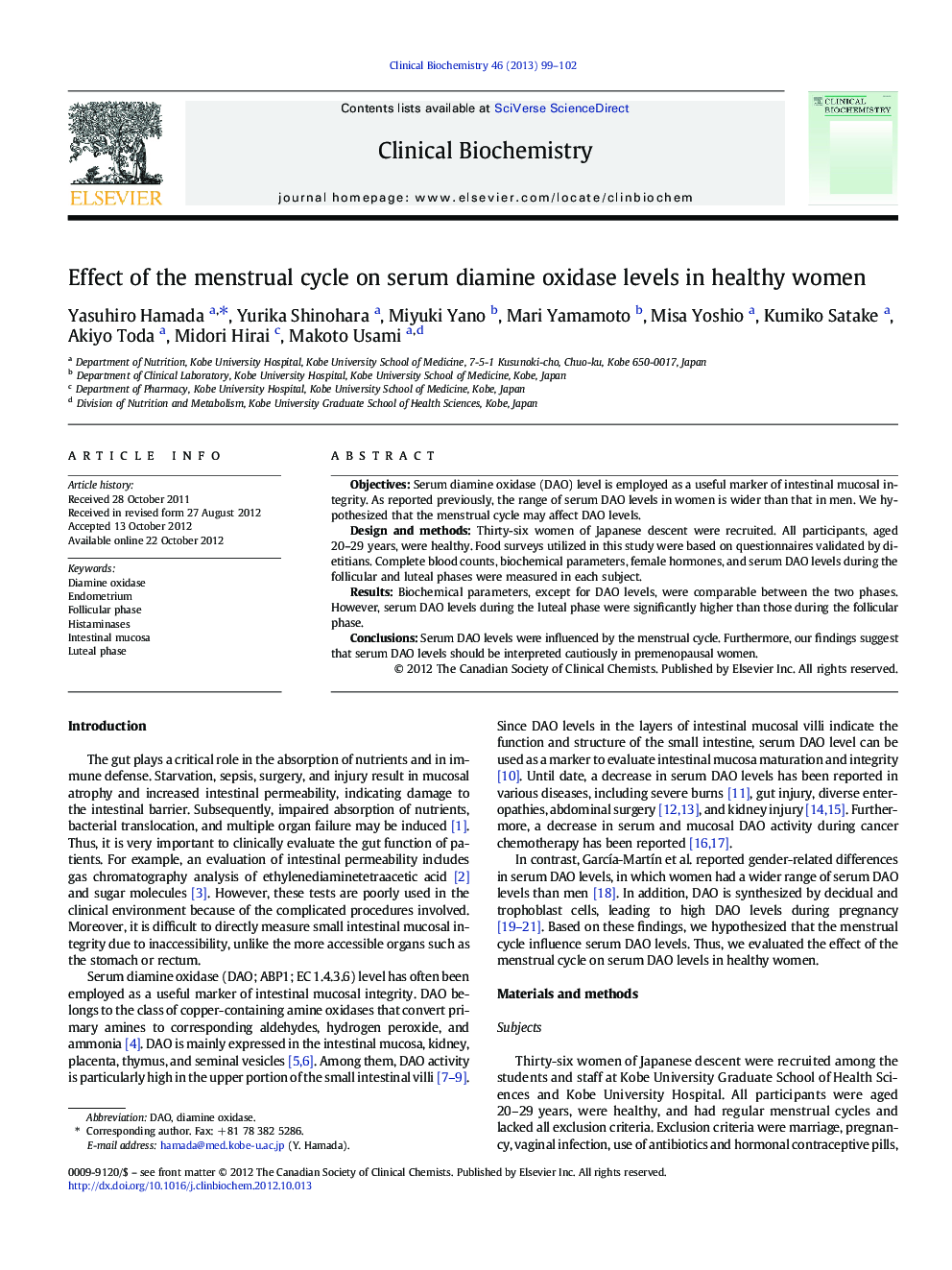 Effect of the menstrual cycle on serum diamine oxidase levels in healthy women