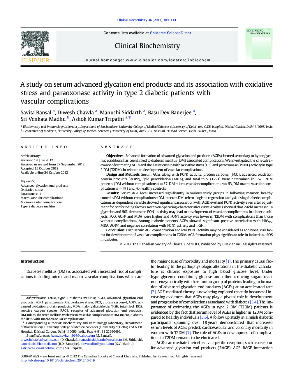 A study on serum advanced glycation end products and its association with oxidative stress and paraoxonase activity in type 2 diabetic patients with vascular complications