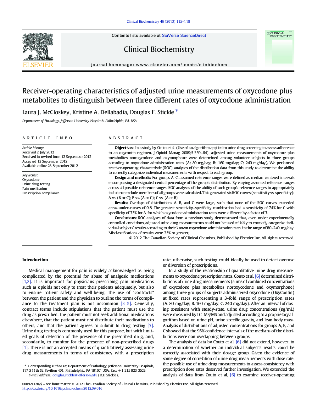 Receiver-operating characteristics of adjusted urine measurements of oxycodone plus metabolites to distinguish between three different rates of oxycodone administration