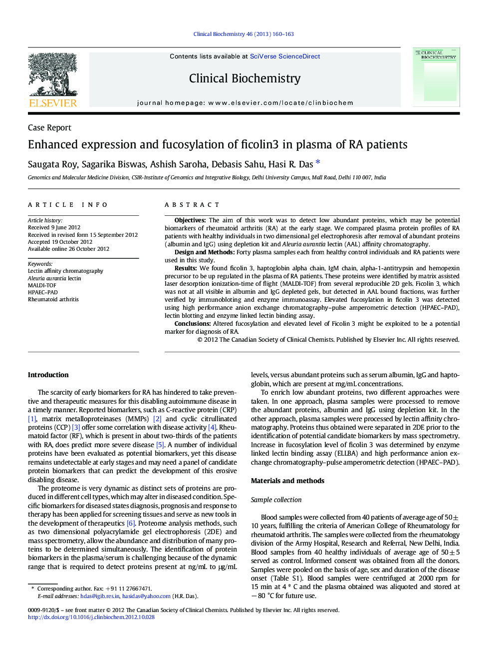 Enhanced expression and fucosylation of ficolin3 in plasma of RA patients