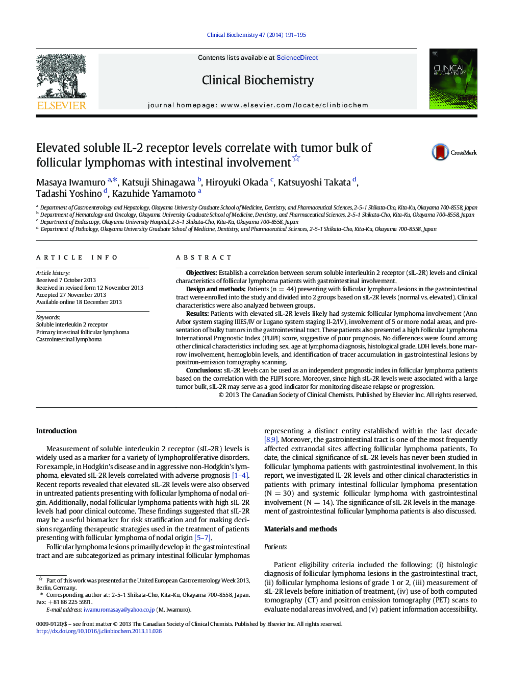 Elevated soluble IL-2 receptor levels correlate with tumor bulk of follicular lymphomas with intestinal involvement 