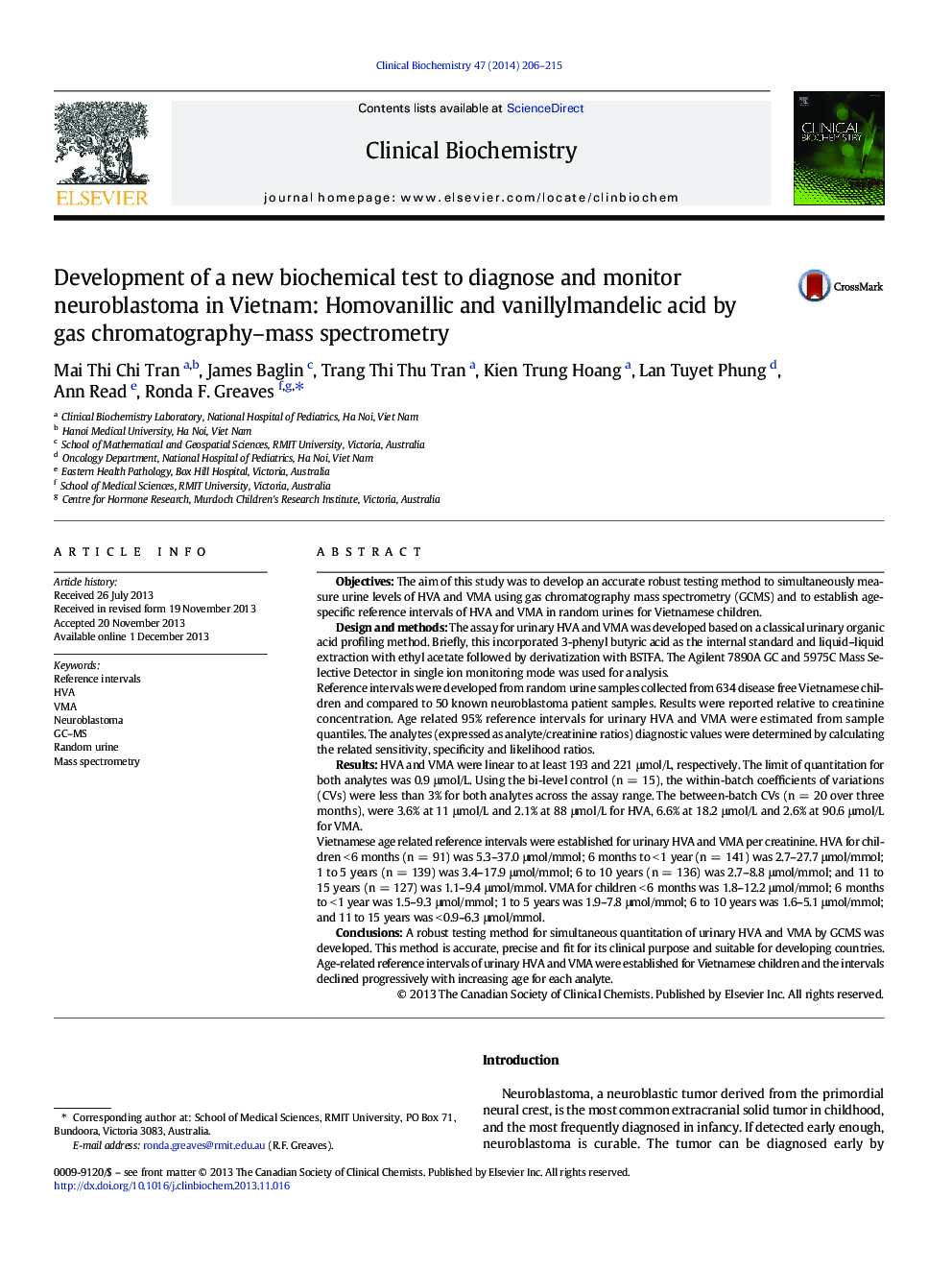 Development of a new biochemical test to diagnose and monitor neuroblastoma in Vietnam: Homovanillic and vanillylmandelic acid by gas chromatography–mass spectrometry