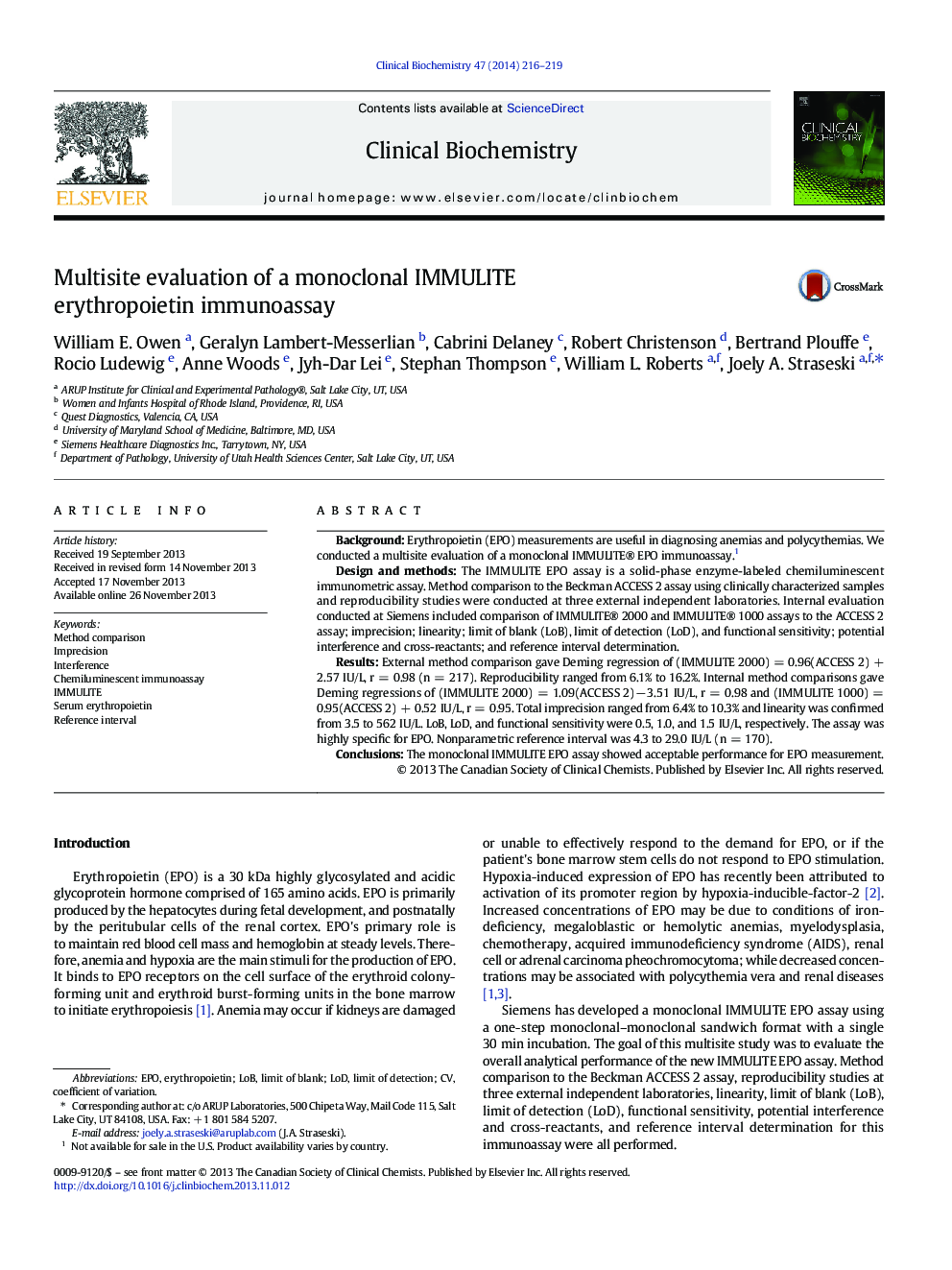 Multisite evaluation of a monoclonal IMMULITE erythropoietin immunoassay