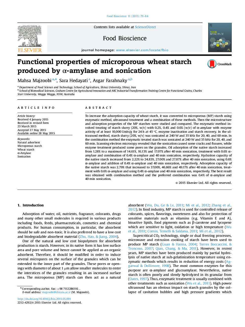 Functional properties of microporous wheat starch produced by α-amylase and sonication