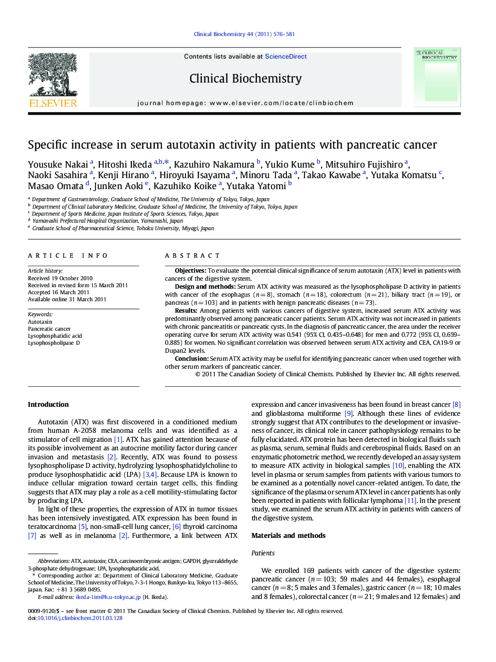 Specific increase in serum autotaxin activity in patients with pancreatic cancer