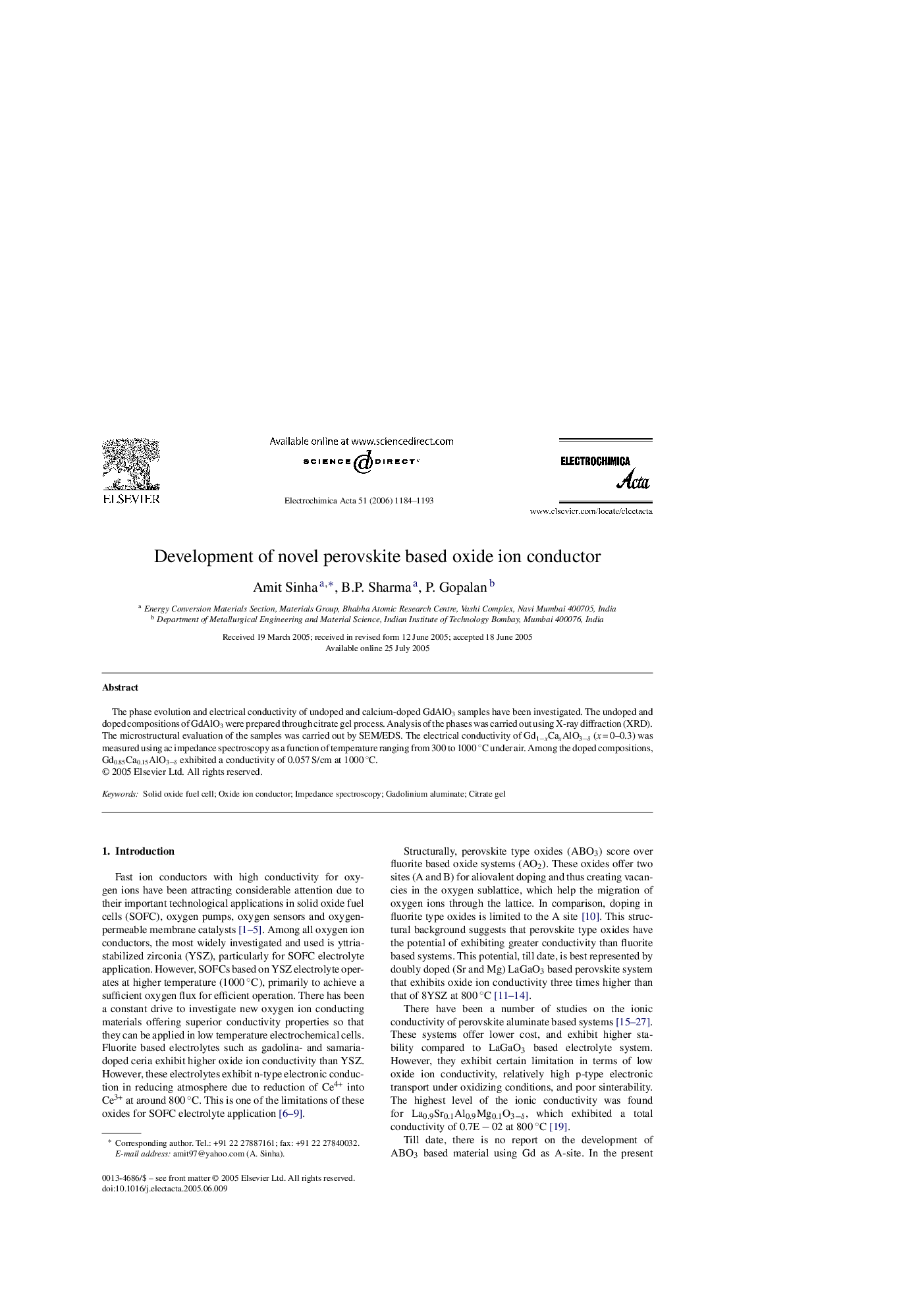 Development of novel perovskite based oxide ion conductor