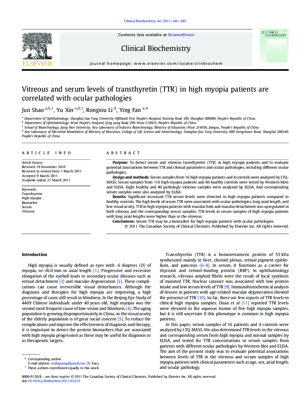 Vitreous and serum levels of transthyretin (TTR) in high myopia patients are correlated with ocular pathologies