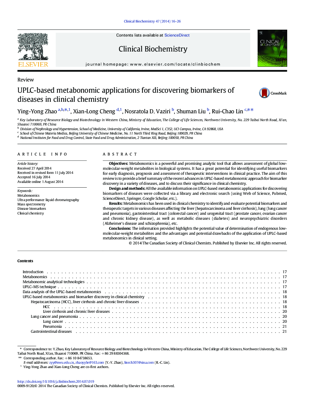 UPLC-based metabonomic applications for discovering biomarkers of diseases in clinical chemistry